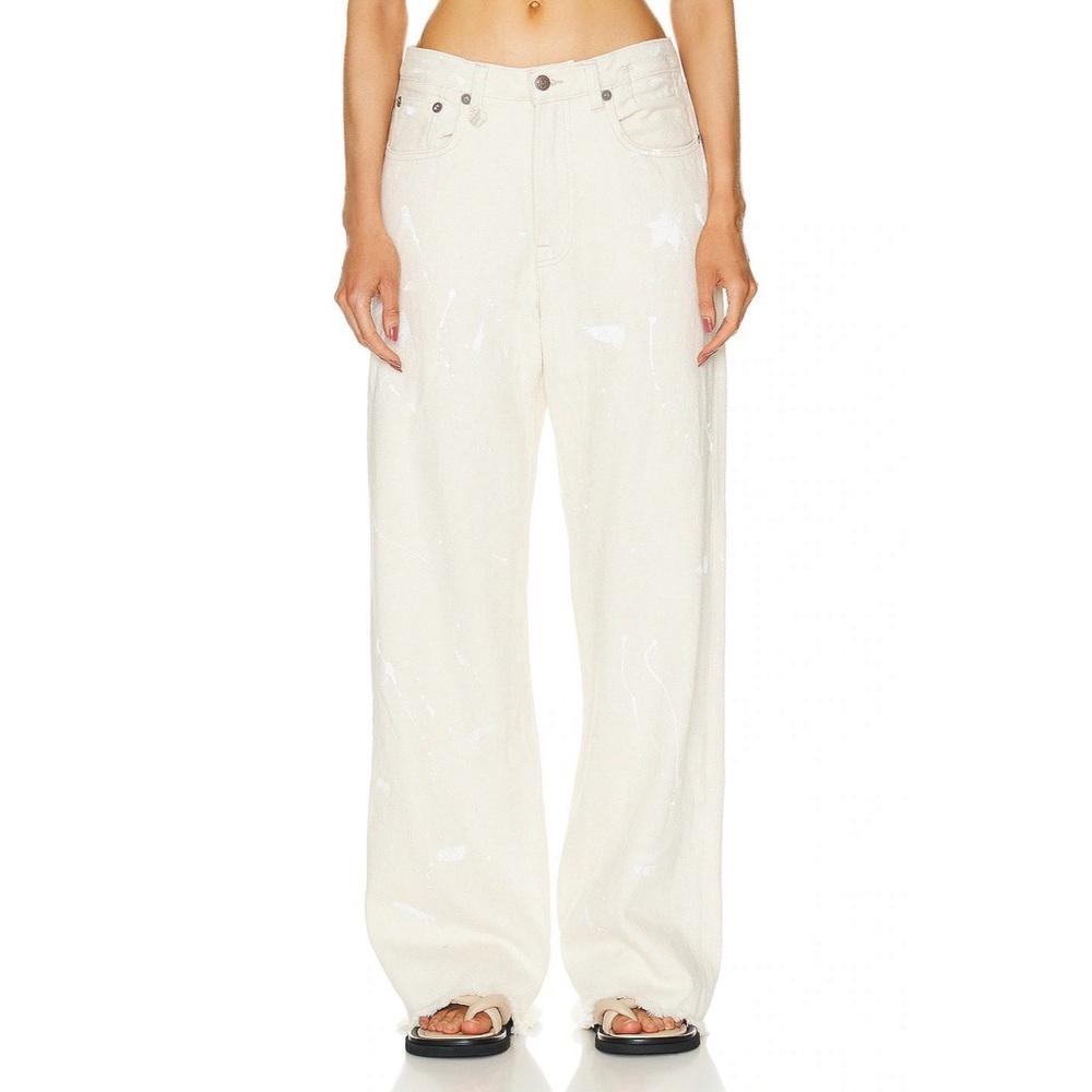 R13 D’Arcy Loose Raw Hem Jeans in Koze Ecru & White Paint Splatter Light Kaki